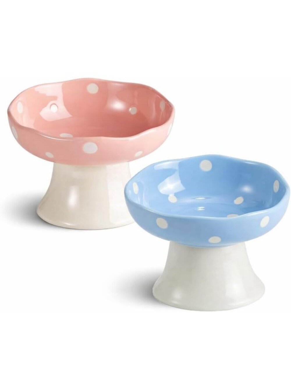 Elevated Ceramic Cat Bowl Set - 2PCS Pink & Blue Mushroom Design, Stylish